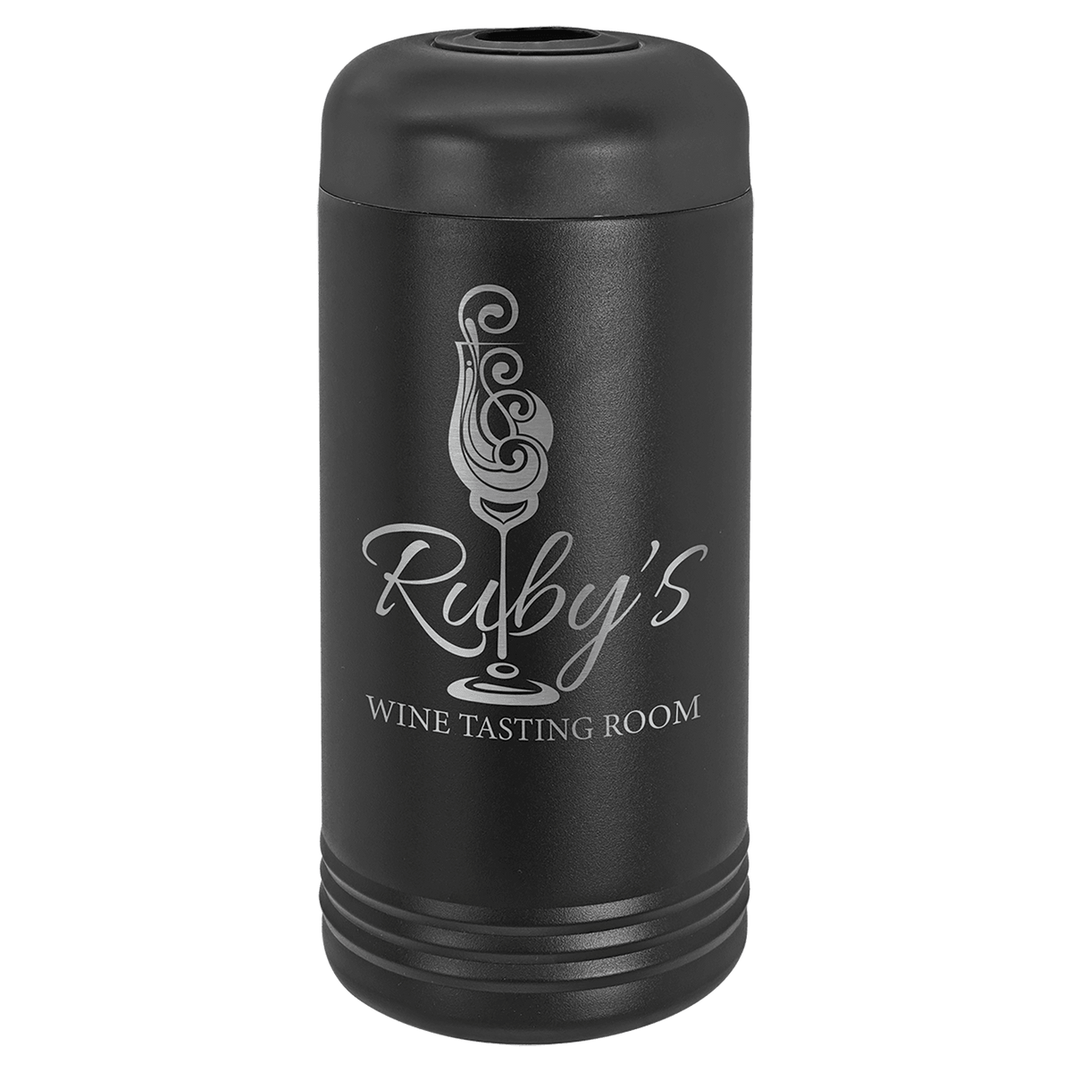 Black insulated wine bottle chiller engraved with a wine tasting room logo