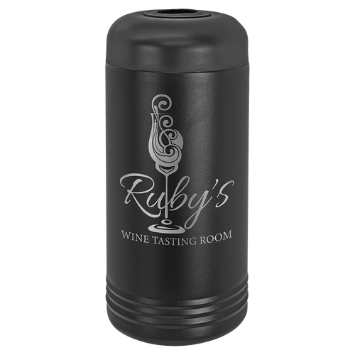 Black insulated wine bottle chiller engraved with a wine tasting room logo