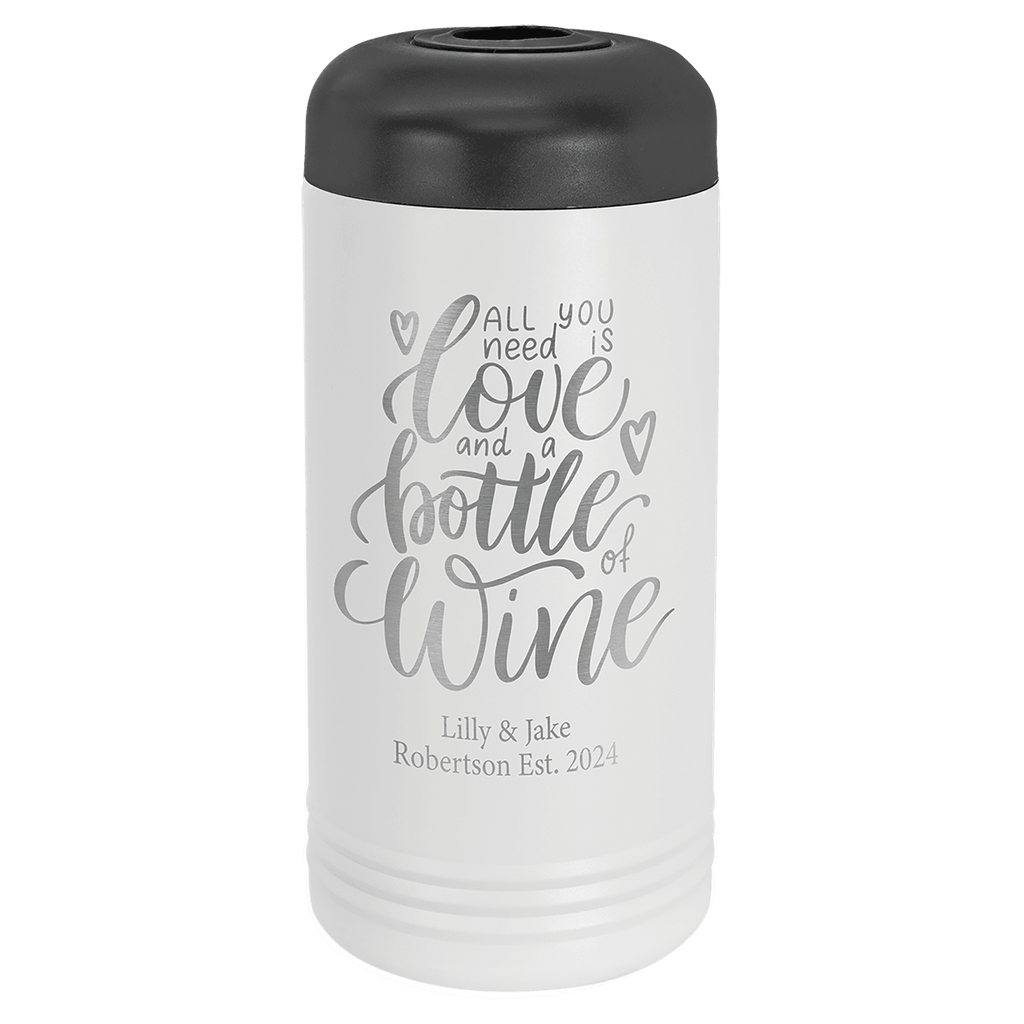 White insulated wine bottle chiller engraved with script lettering
