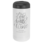 White insulated wine bottle chiller engraved with script lettering