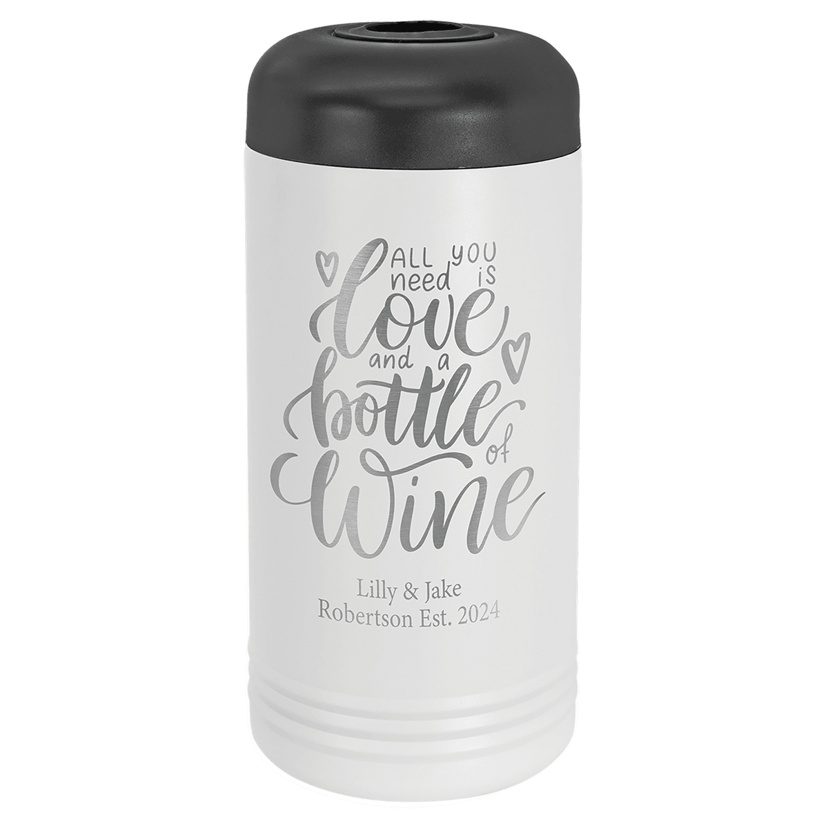 White insulated wine bottle chiller engraved with script lettering