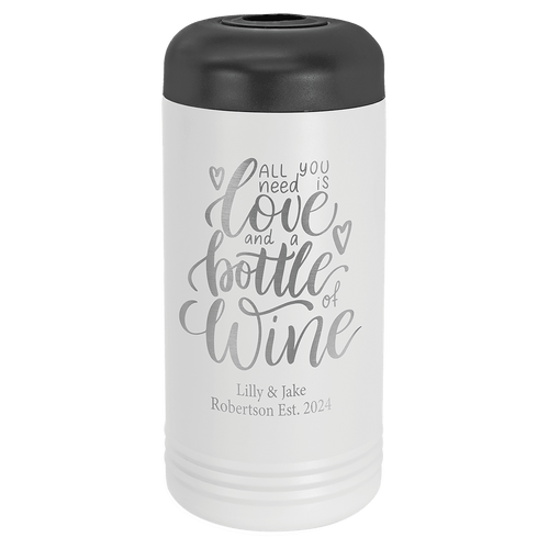 White insulated wine bottle chiller engraved with script lettering