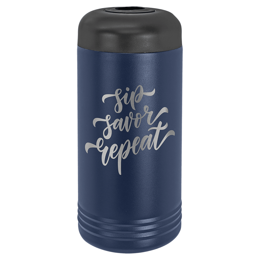 Navy blue insulated wine bottle chiller engraved with script lettering