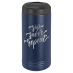Navy blue insulated wine bottle chiller engraved with script lettering