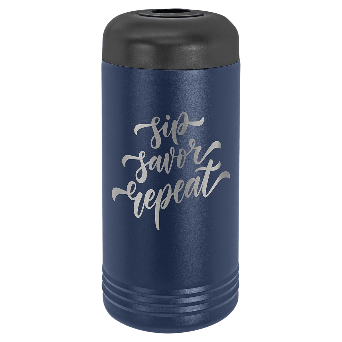 Navy blue insulated wine bottle chiller engraved with script lettering