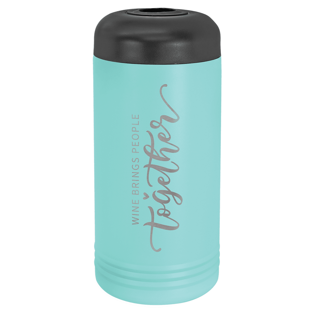 Teal insulated wine bottle chiller engraved with script lettering