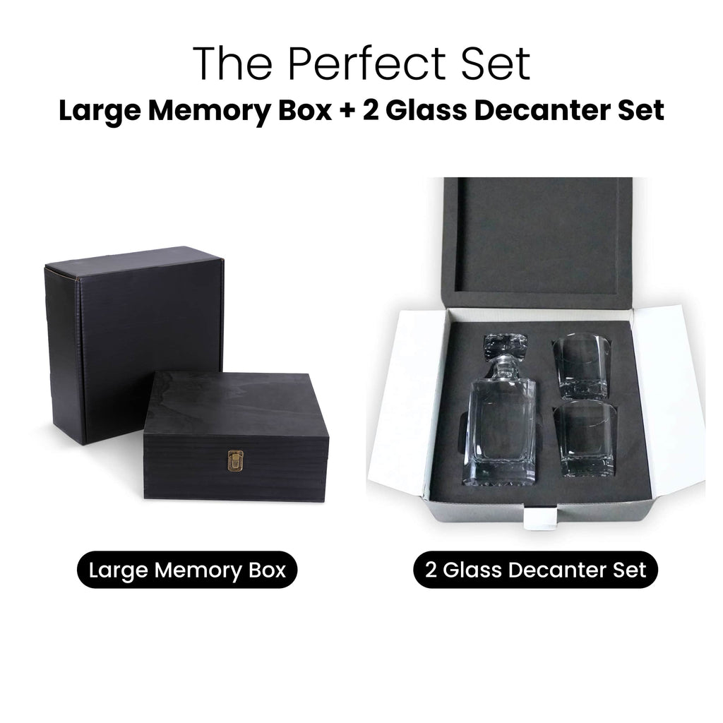 Large square pine memory box holding the whiskey decanter set with two glasses