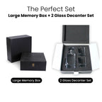 Large square pine memory box holding the whiskey decanter set with two glasses
