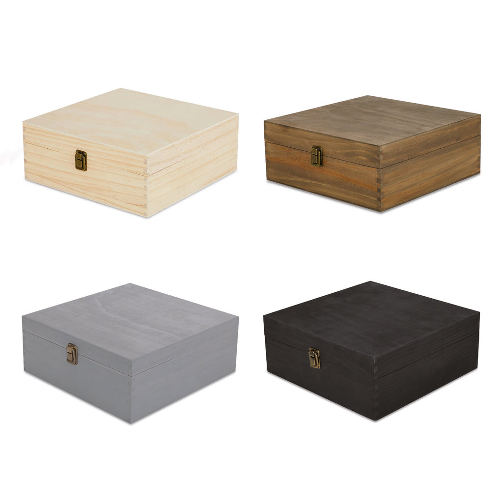 Large square pine memory box with a hinged lid and front clasp, shown in all four finishes