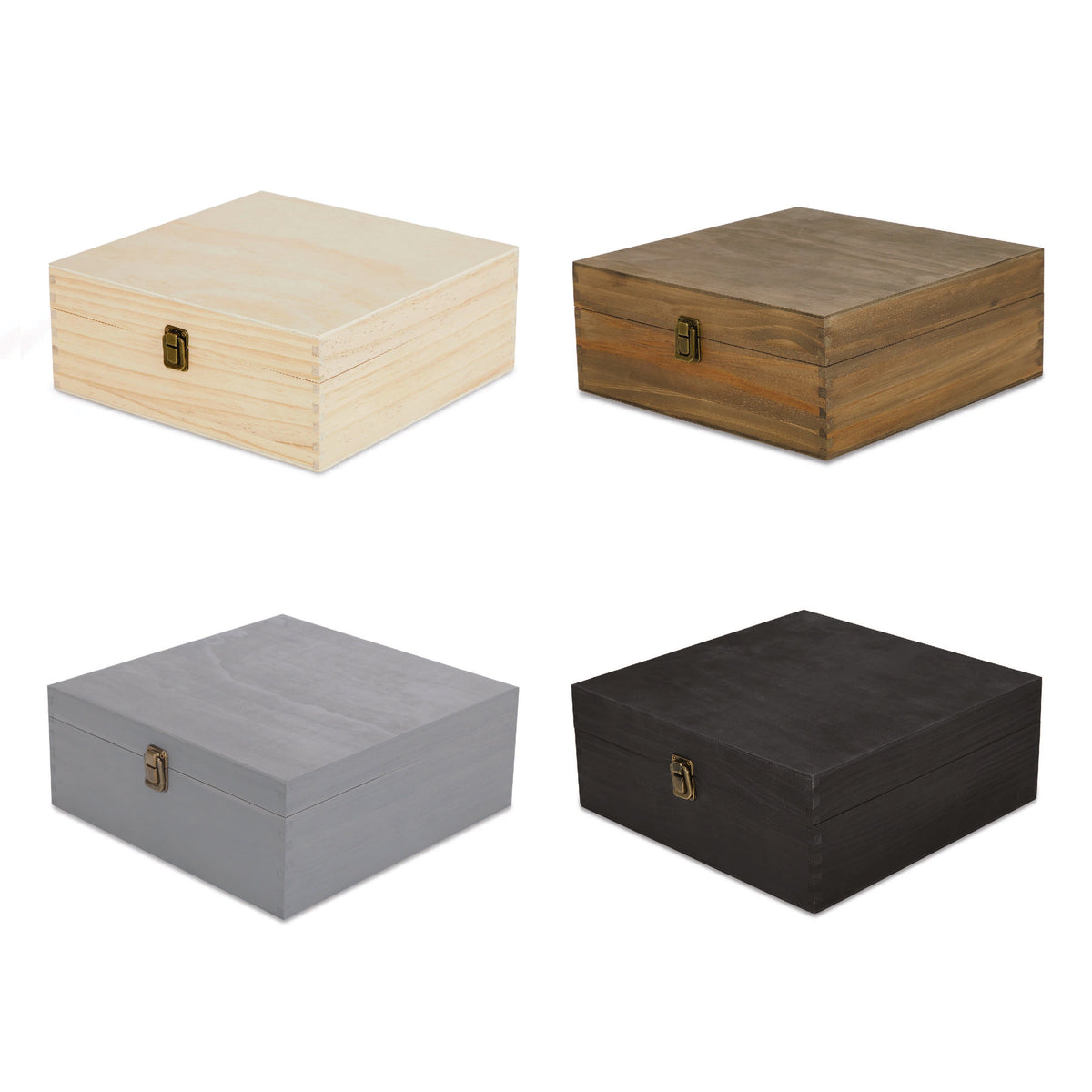 Large square pine memory box with a hinged lid and front clasp, shown in all four finishes