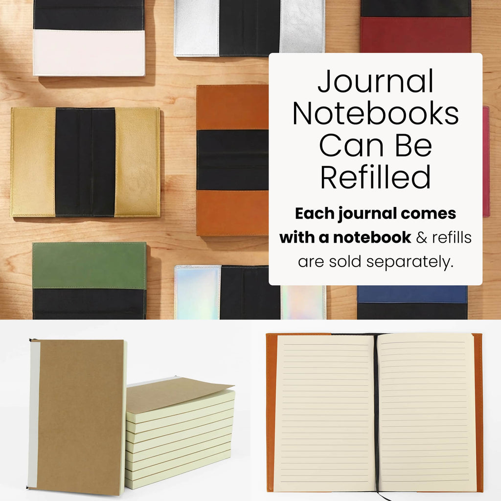 Journal covers with their notebook inserts slid out, showing that the notebook can be replaced when it fills up