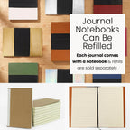 Journal covers with their notebook inserts slid out, showing that the notebook can be replaced when it fills up