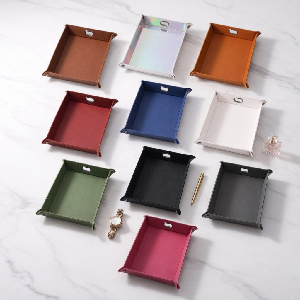Large leatherette valet tray with snap corners and stitched edges — custom engraved desk valet tray by Solano Laser Craft