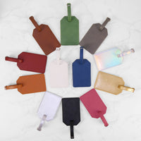 Leatherette luggage tag with buckle strap and covered address card — custom engraved luggage tag by Solano Laser Craft