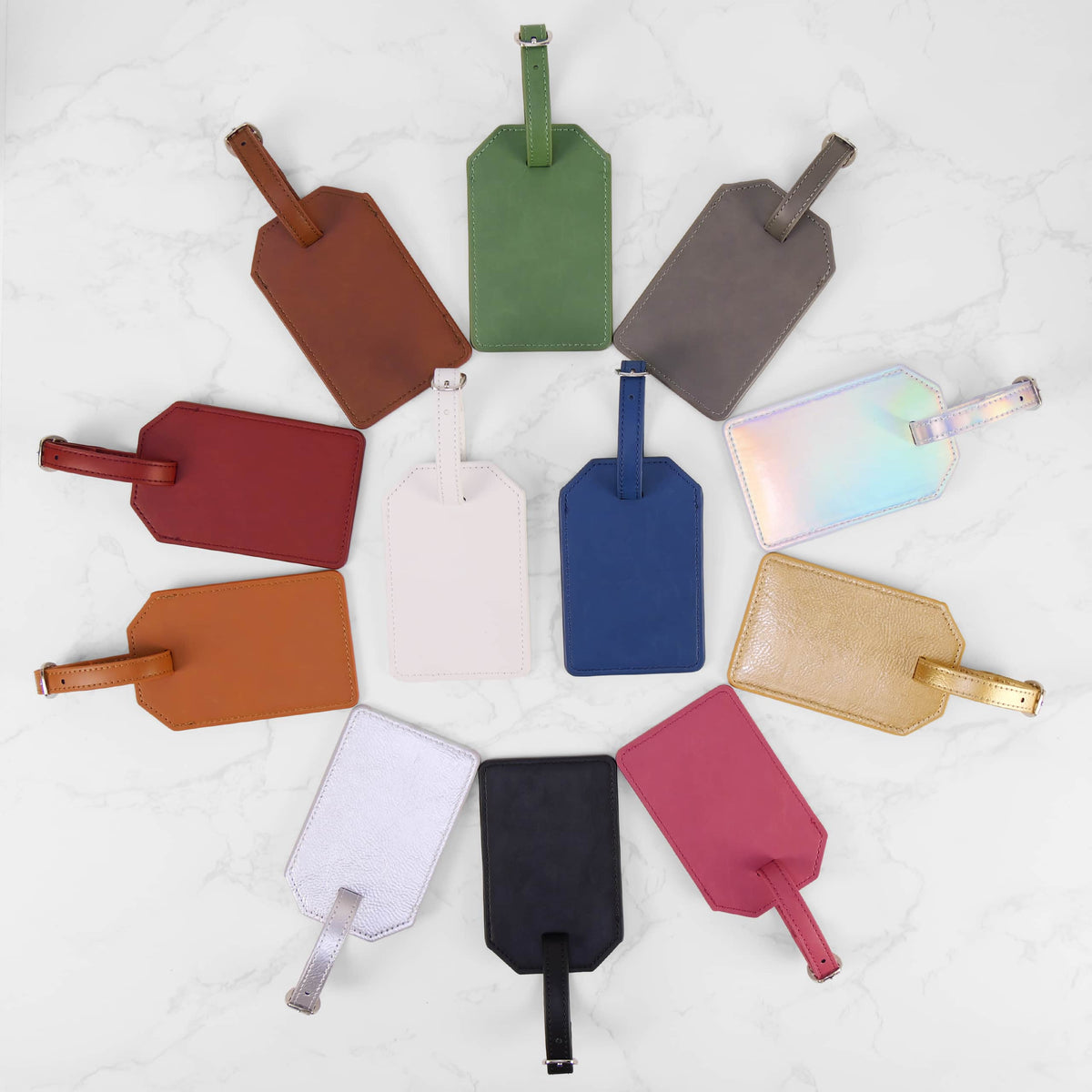 Leatherette luggage tag with buckle strap and covered address card — custom engraved luggage tag by Solano Laser Craft