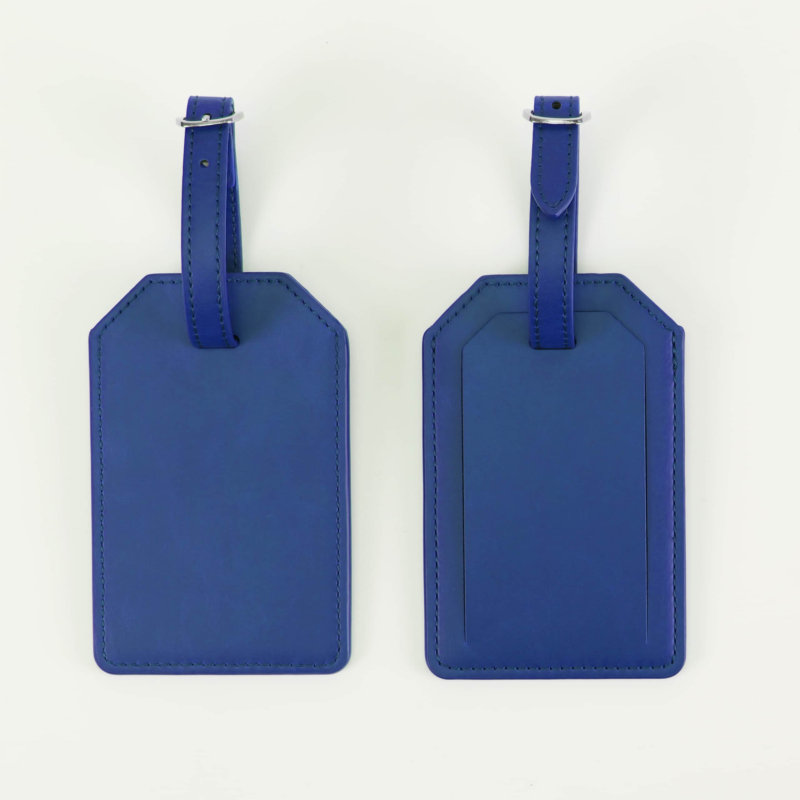Navy leatherette luggage tag, front and back, with buckle strap