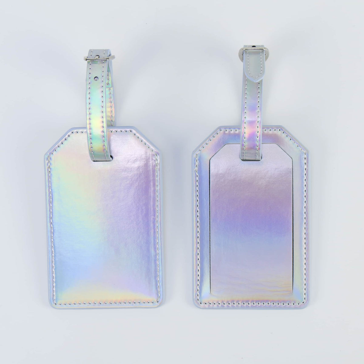 Holographic leatherette luggage tag, front and back, with buckle strap
