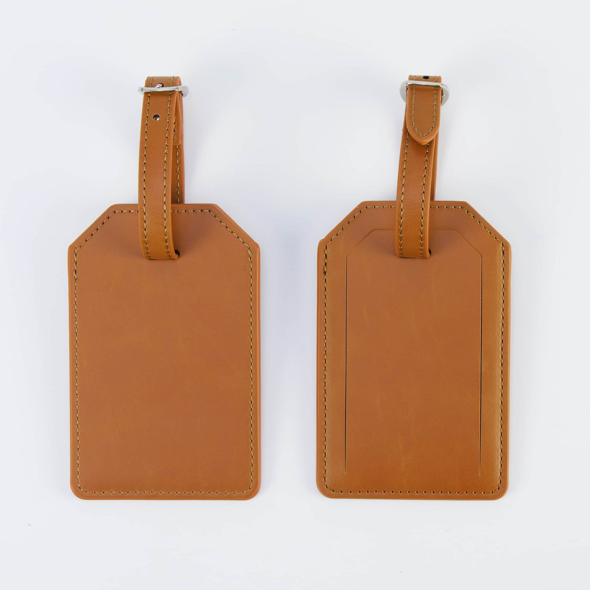 Rawhide leatherette luggage tag, front and back, with buckle strap
