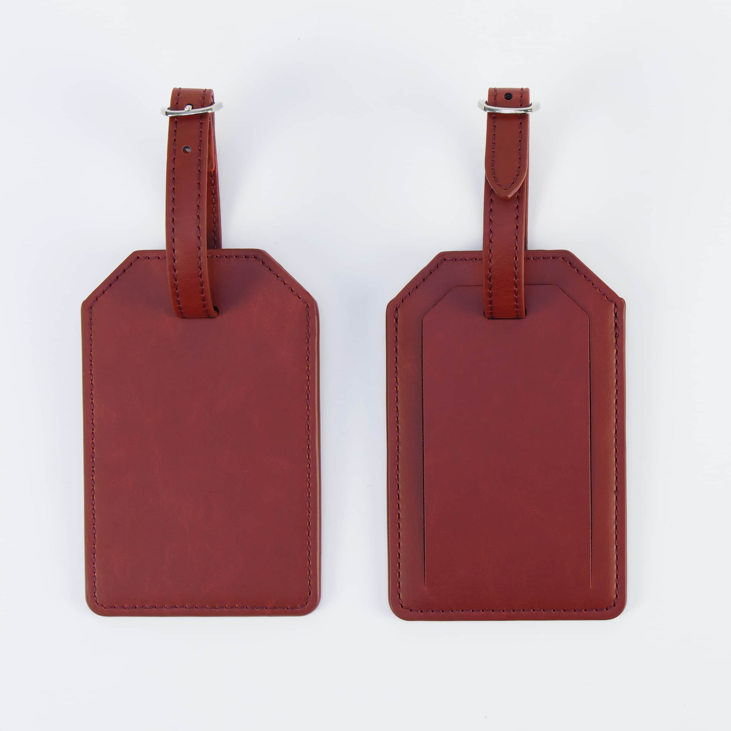 Red leatherette luggage tag, front and back, with buckle strap