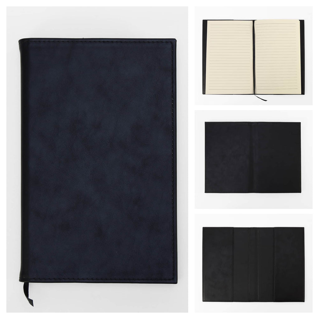 Black leatherette journal with detail views of the cream lined pages, the folded edge and the stitched cover