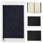 Black leatherette journal with detail views of the cream lined pages, the folded edge and the stitched cover