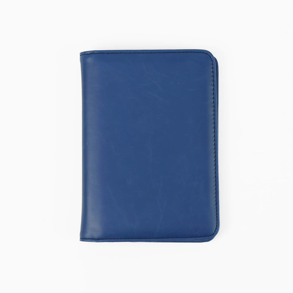 Navy leatherette passport wallet, closed front view
