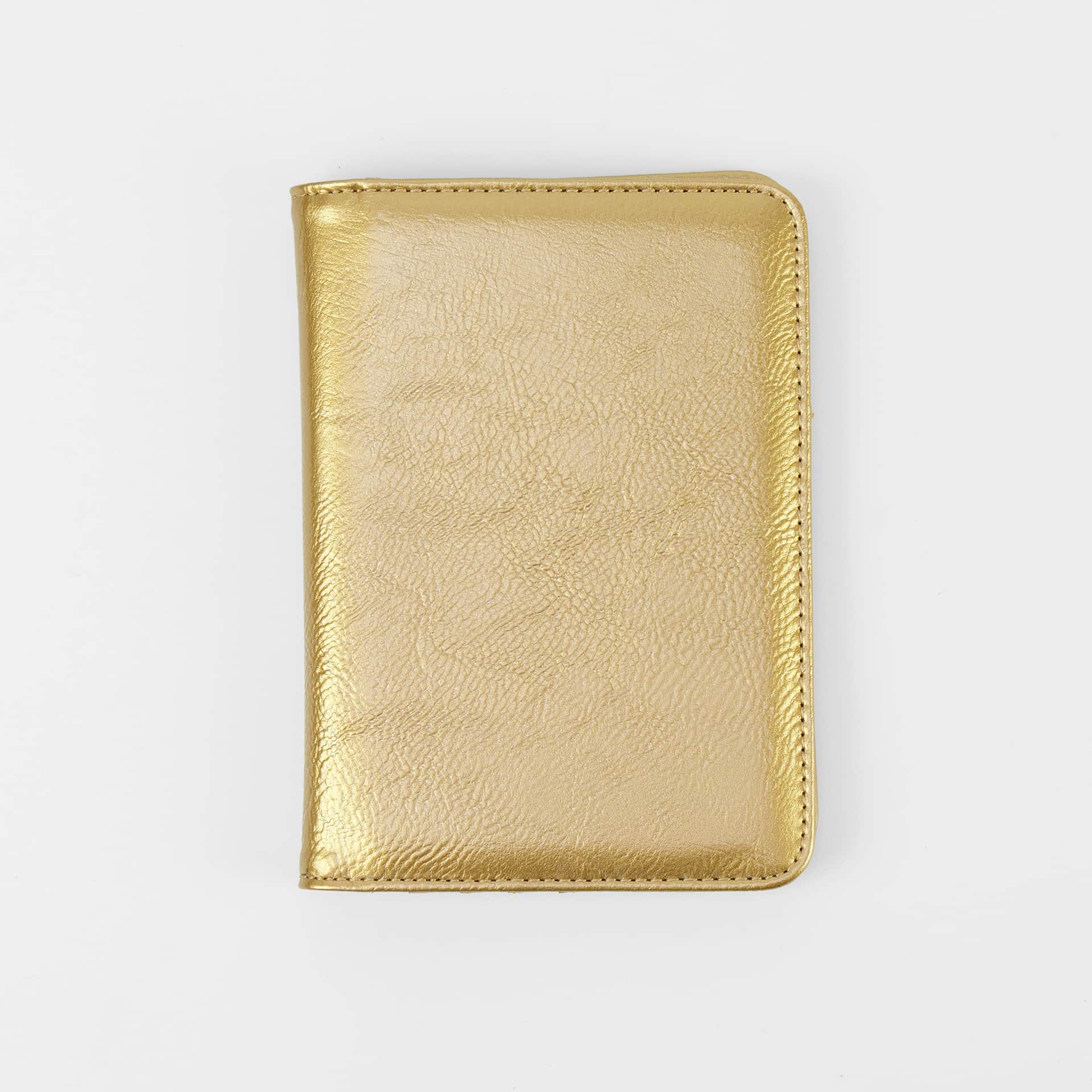 Metallic gold leatherette passport wallet, closed front view