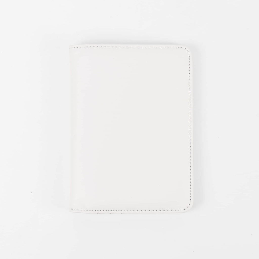 White leatherette passport wallet, closed front view