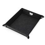 Black leatherette valet tray with gunmetal snap closure — custom engraved desk valet tray by Solano Laser Craft