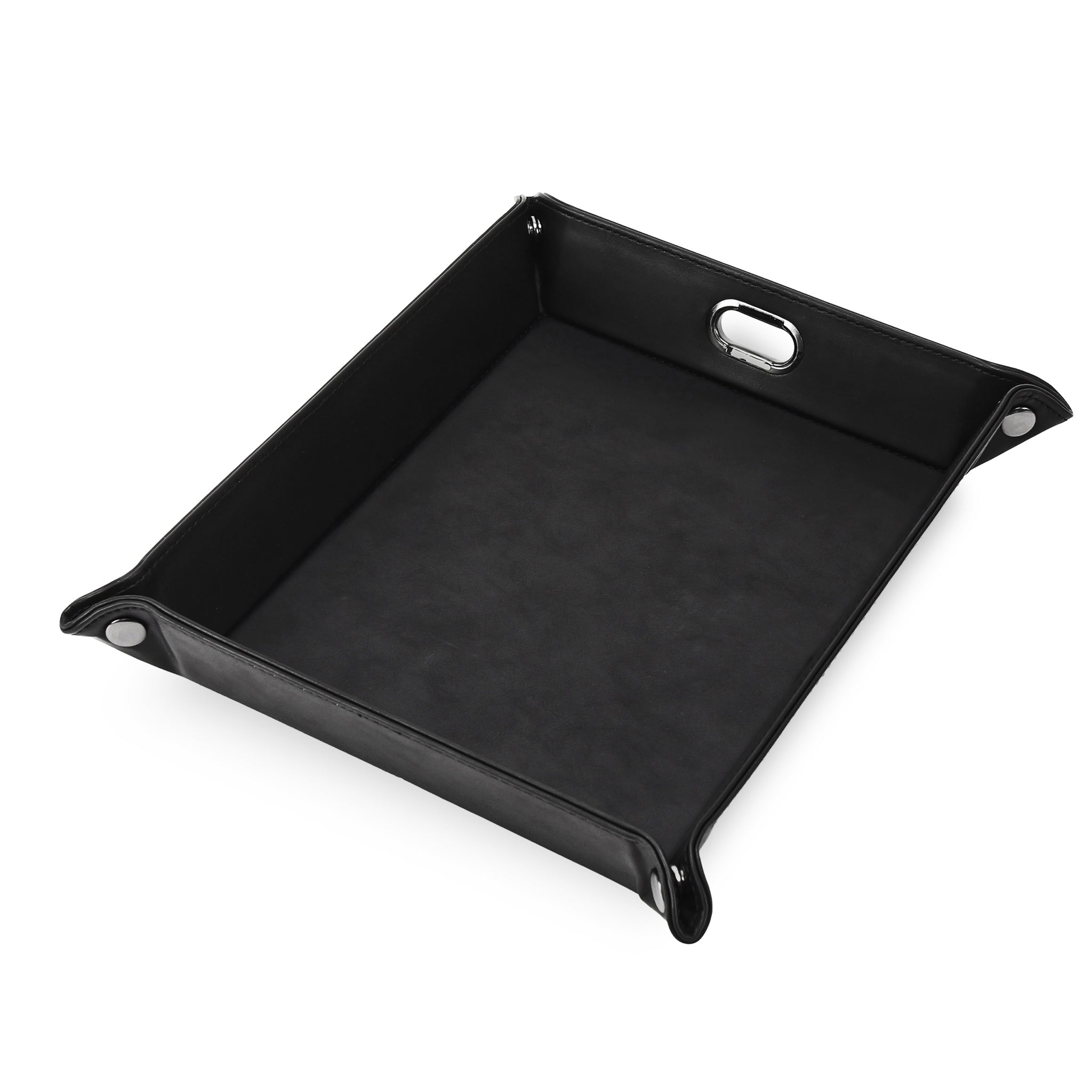 Black leatherette valet tray with gunmetal snap closure — custom engraved desk valet tray by Solano Laser Craft