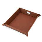 Brown leatherette dump tray assembled with gunmetal corner snaps