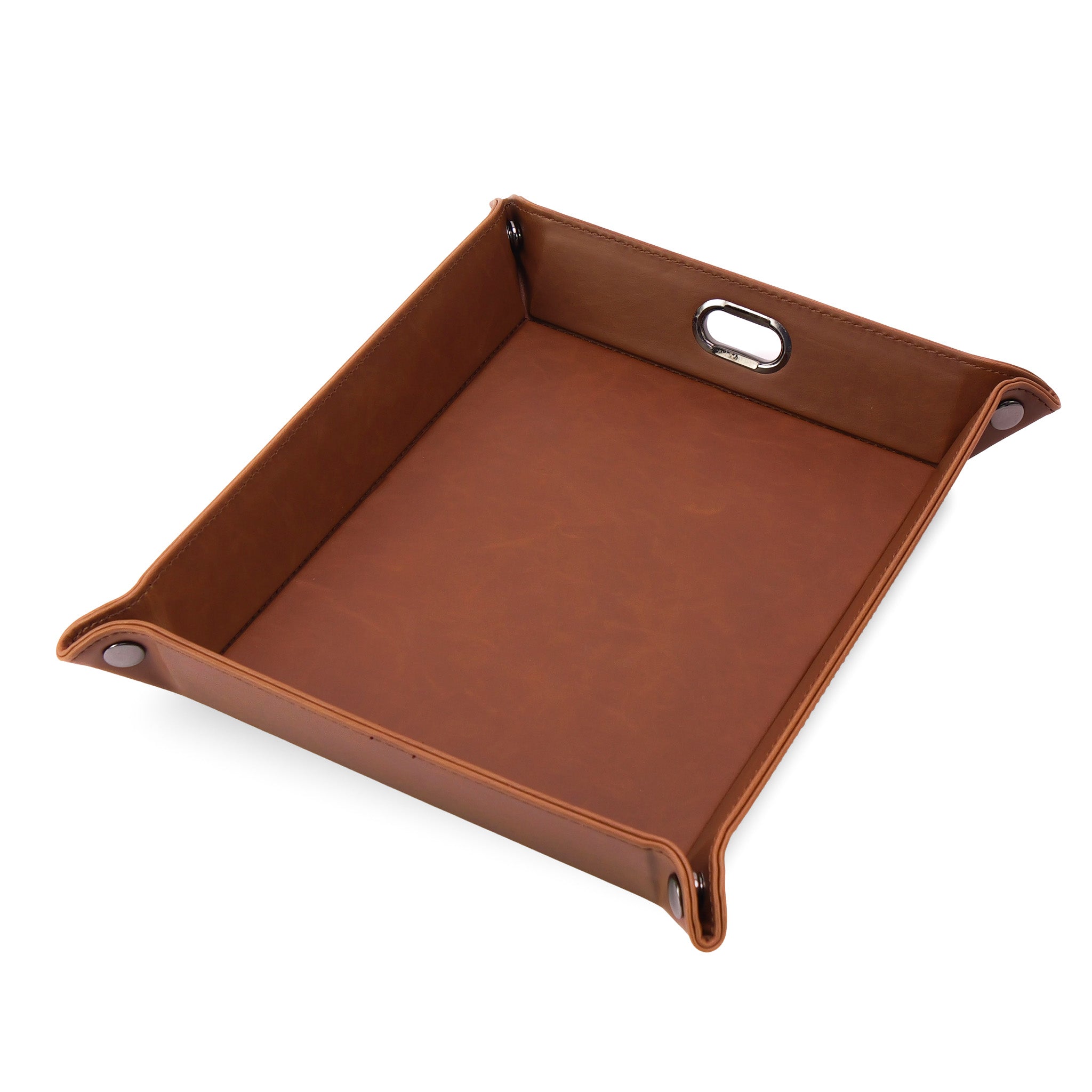 Brown leatherette dump tray assembled with gunmetal corner snaps