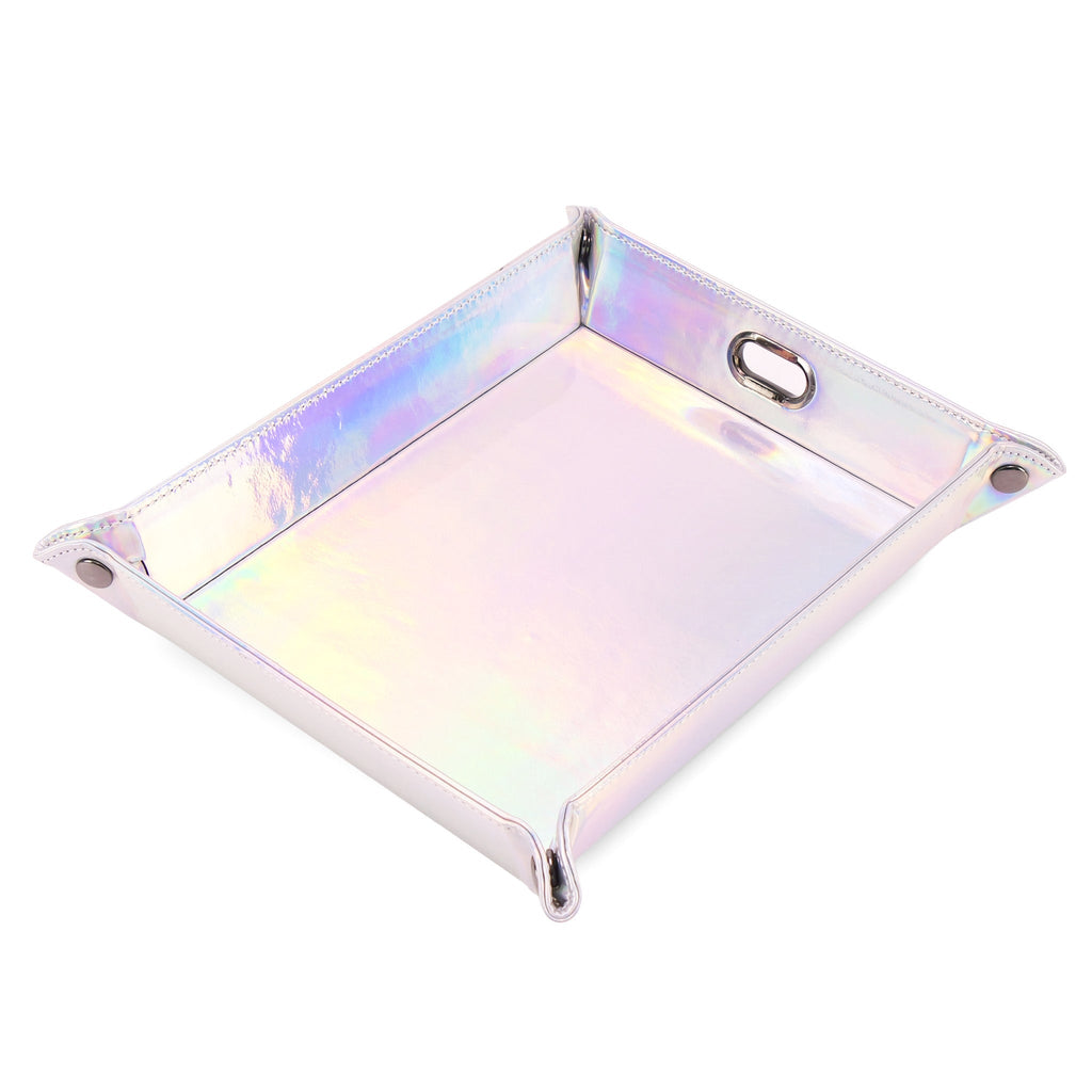 Holographic leatherette dump tray assembled with gunmetal corner snaps