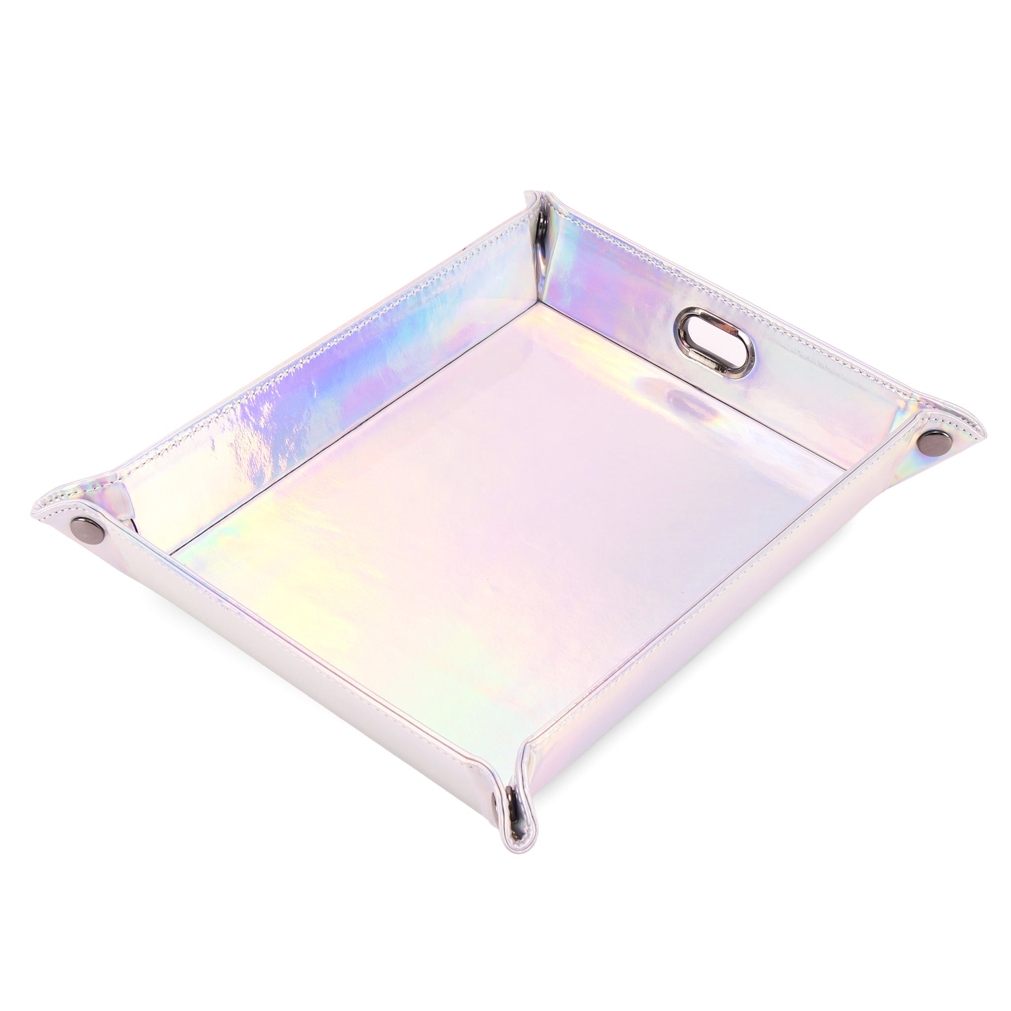 Holographic leatherette dump tray assembled with gunmetal corner snaps