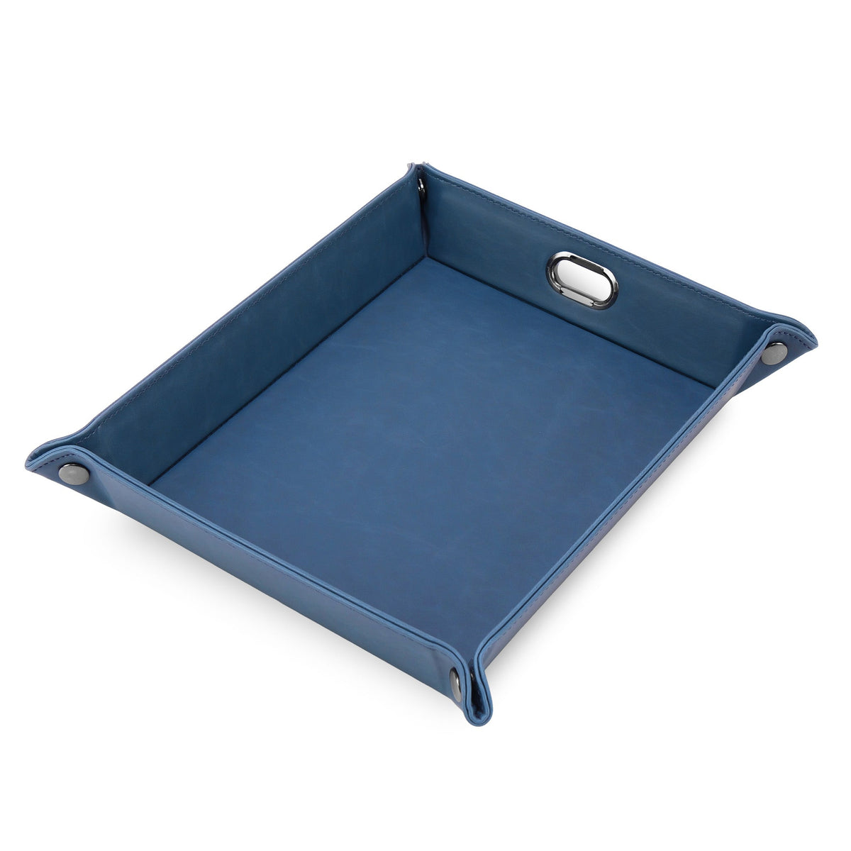 Navy leatherette dump tray assembled with gunmetal corner snaps