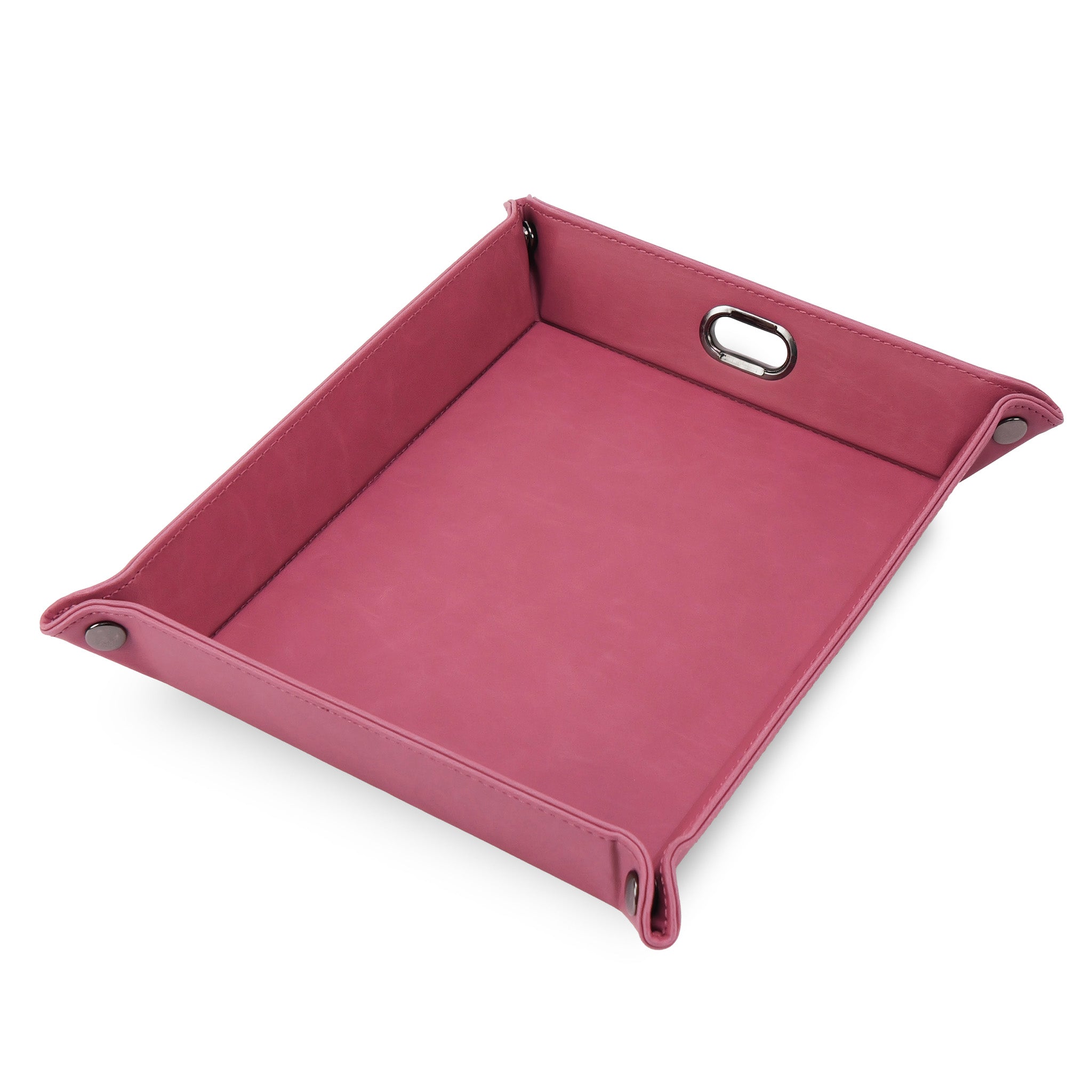 Pink leatherette dump tray assembled with gunmetal corner snaps