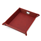 Red leatherette dump tray assembled with gunmetal corner snaps