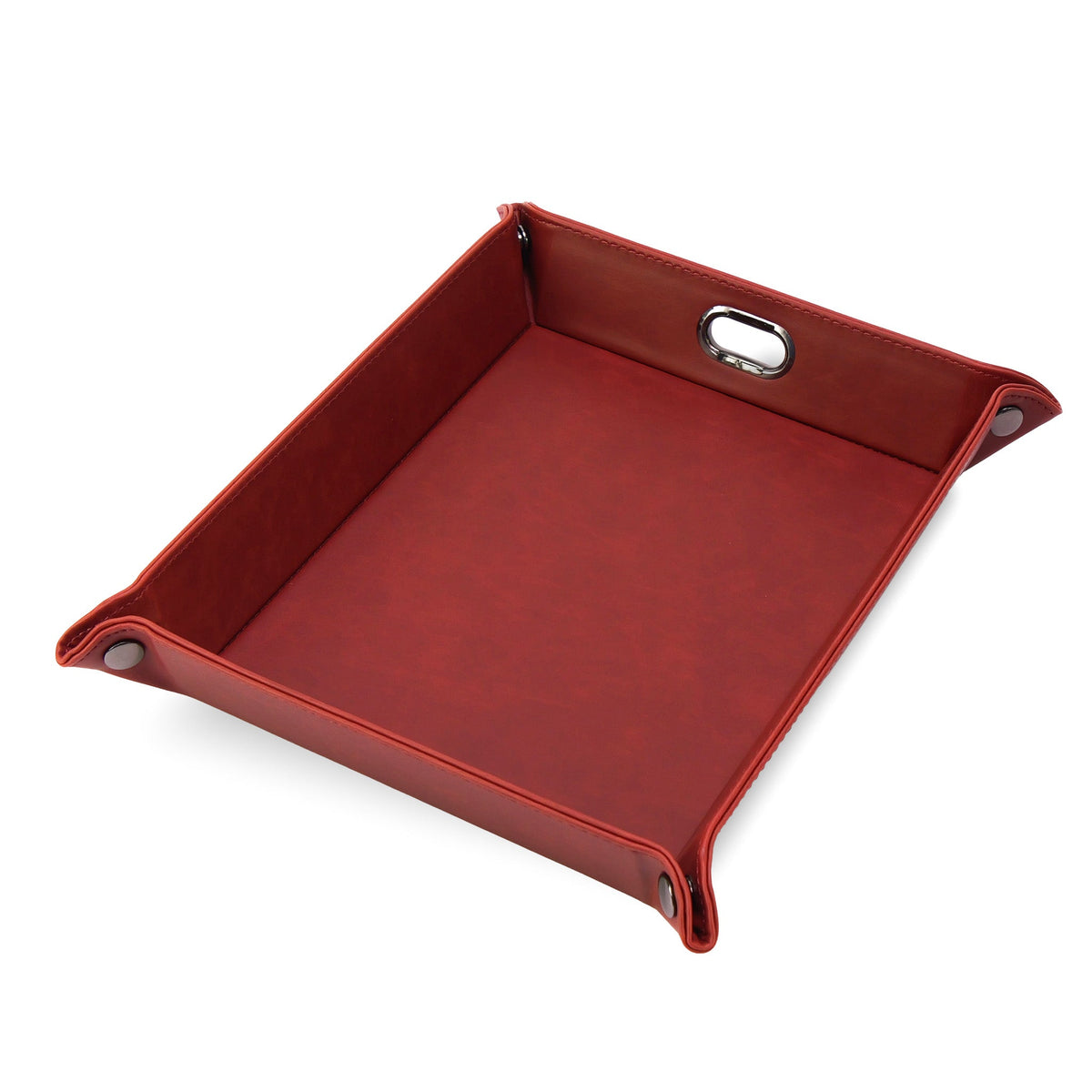 Red leatherette dump tray assembled with gunmetal corner snaps