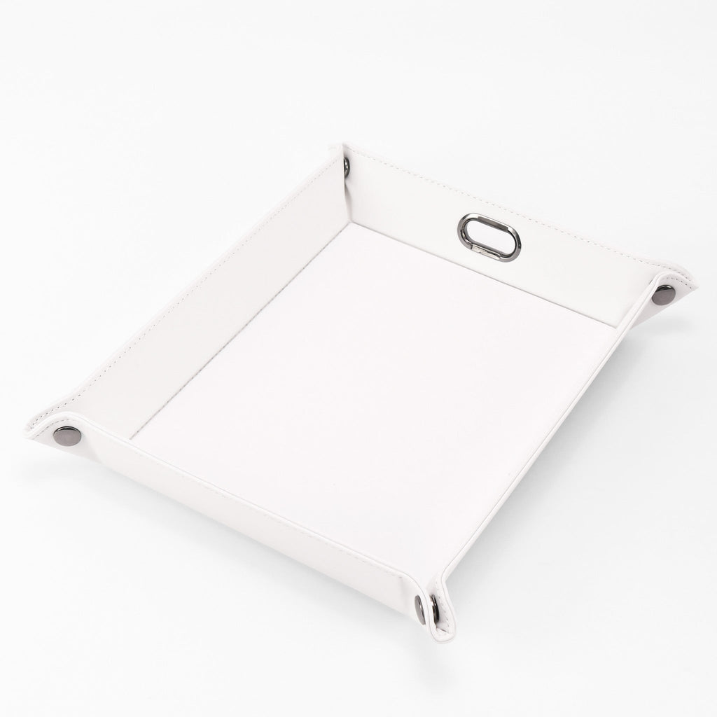 White leatherette dump tray assembled with gunmetal corner snaps