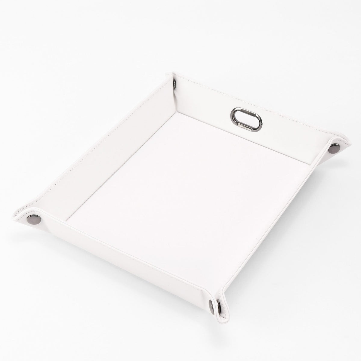 White leatherette dump tray assembled with gunmetal corner snaps