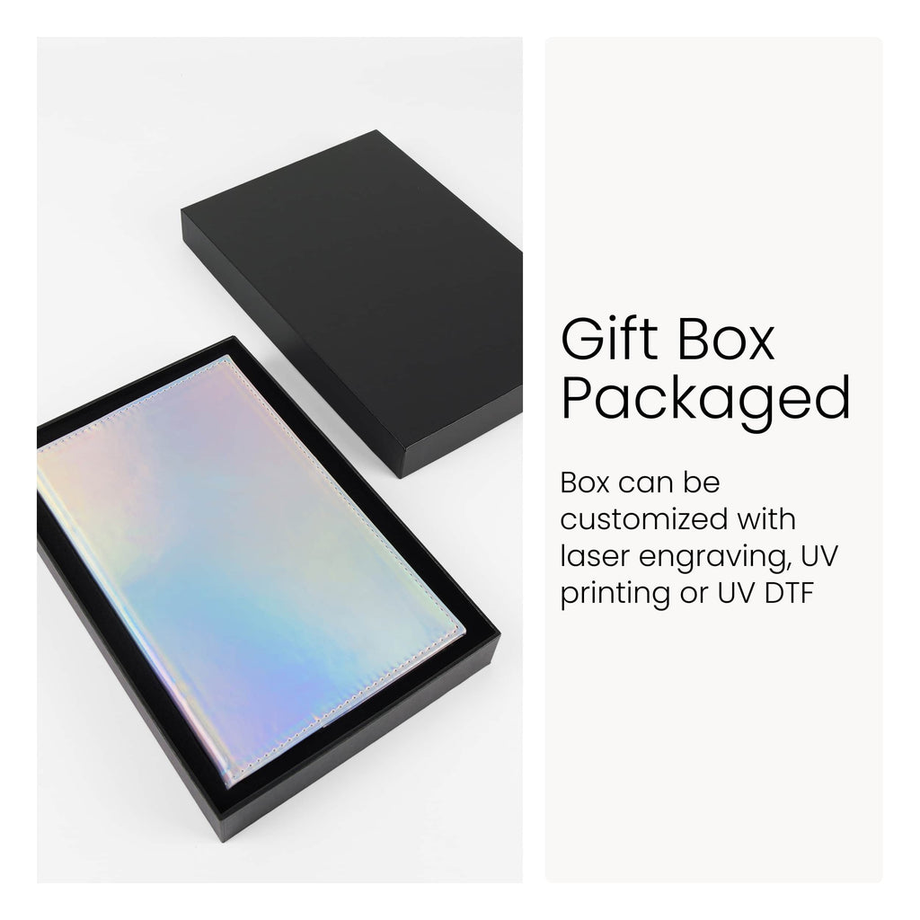Journal resting on the black gift box it ships in, which can also be engraved or UV printed