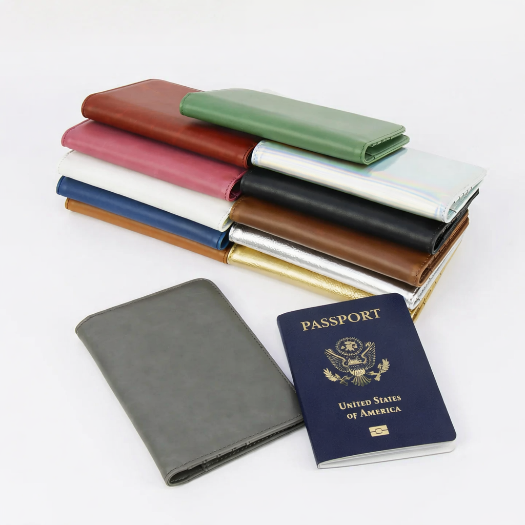 Leatherette passport wallet with stitched edges and interior card slots — custom engraved passport cover by Solano Laser Craft