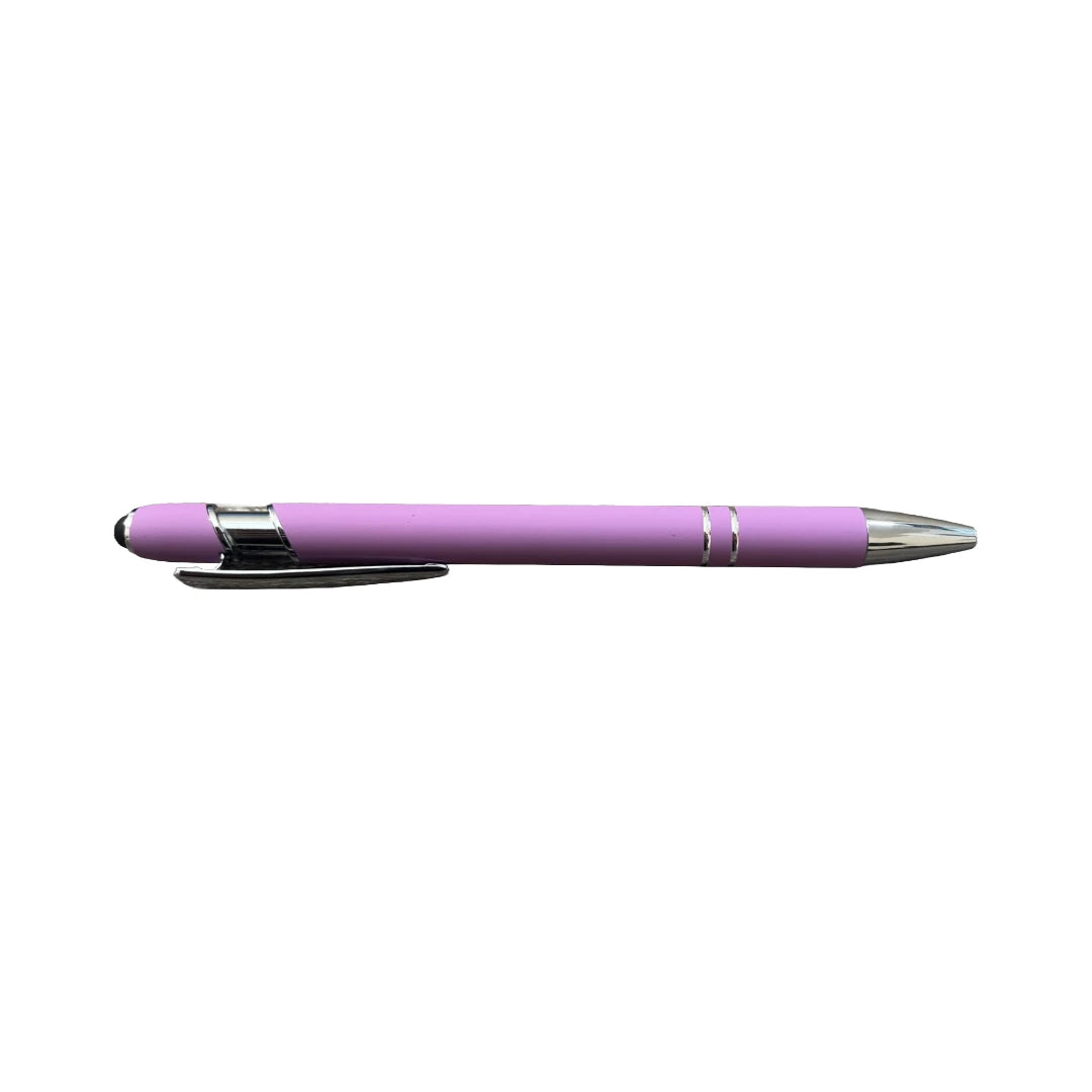 Lavender soft touch stylus pen with chrome accents and stylus tip