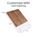 Marble and acacia wood cutting board shown from above, 16.375 by 11.75 inches — custom engraved cutting board by Solano Laser Craft