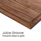 Acacia wood surface of the marble and acacia cutting board showing the juice groove that prevents drips and spills — custom engraved cutting board by Solano Laser Craft