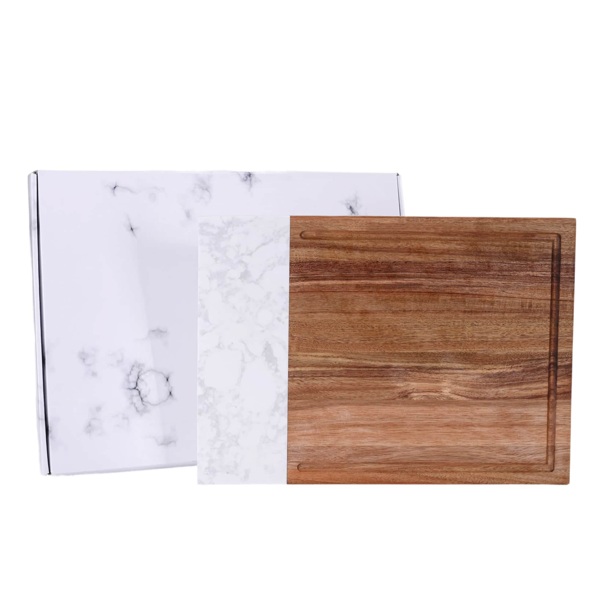 Marble and acacia wood cutting board with a juice groove — custom engraved cutting board by Solano Laser Craft