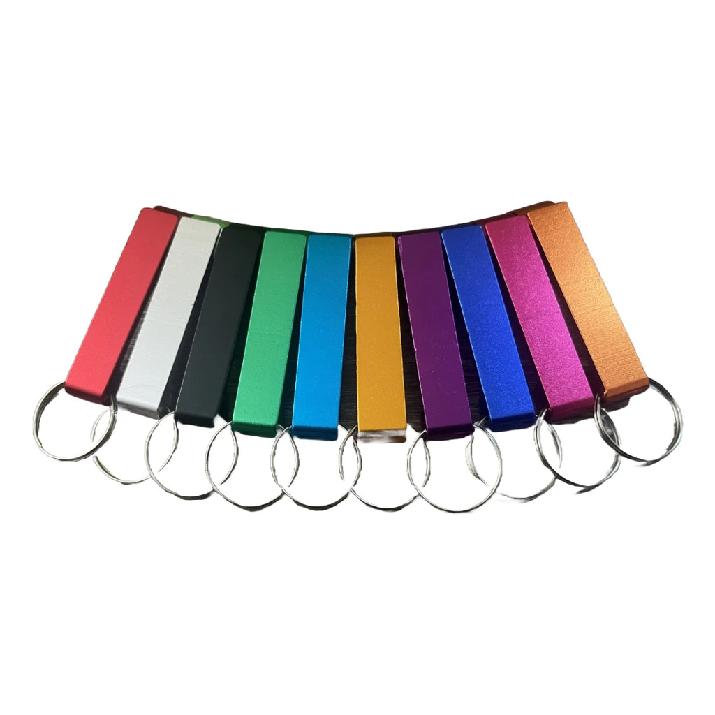 Metal bottle opener keychains fanned out in all ten colors