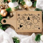 Maple 14 by 7 inch Santa treat tray with a paddle handle, engraved with a Dear Santa message, mouse-ear silhouettes and a Christmas tree