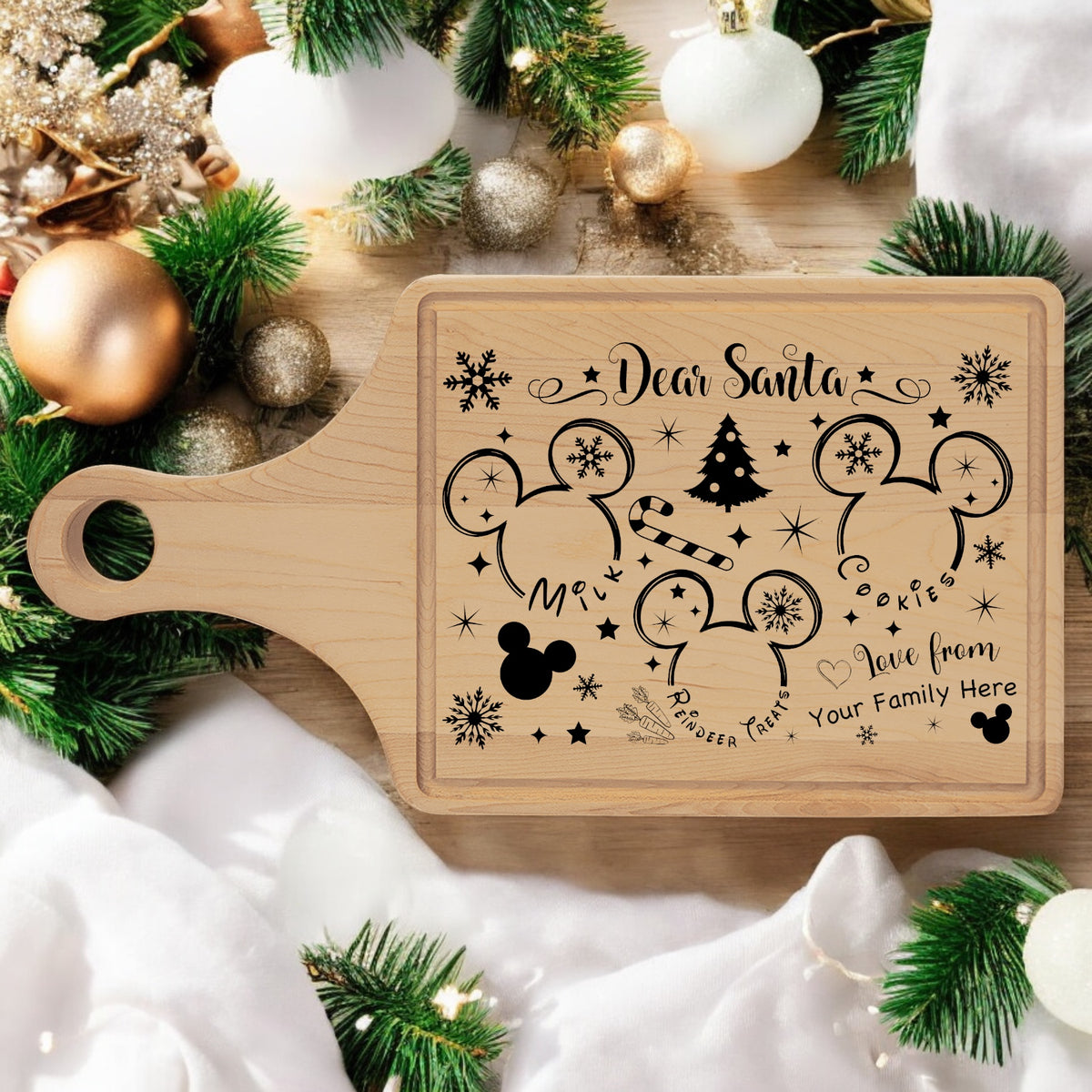 Maple 14 by 7 inch Santa treat tray with a paddle handle, engraved with a Dear Santa message, mouse-ear silhouettes and a Christmas tree