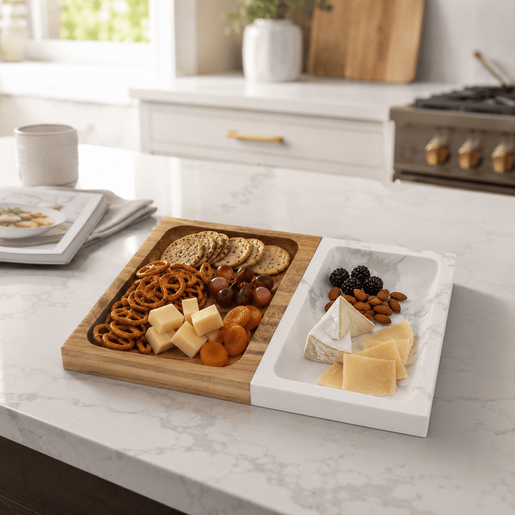 Marble and wood valet tray used as a serving tray with cheese, crackers, nuts and olives on a kitchen island